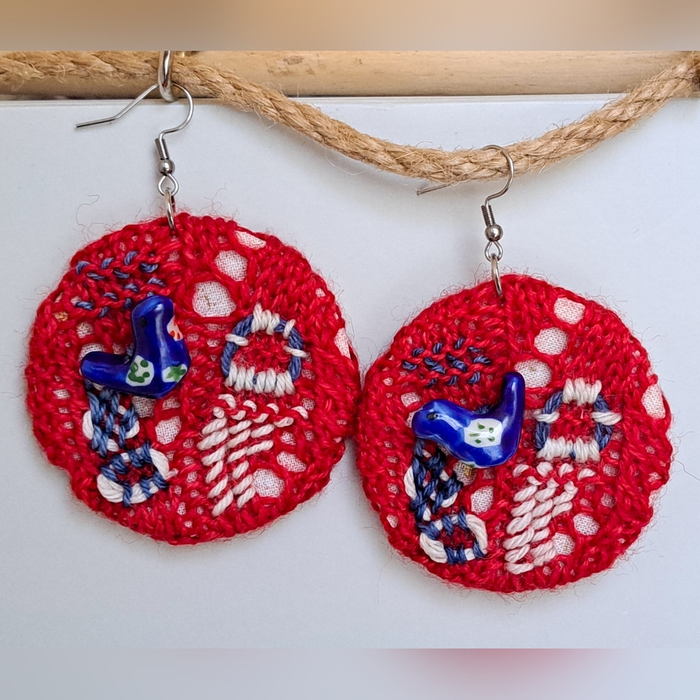 Hand Knitted and Embroidered Earrings Red Blue White Yarn Bird Bead